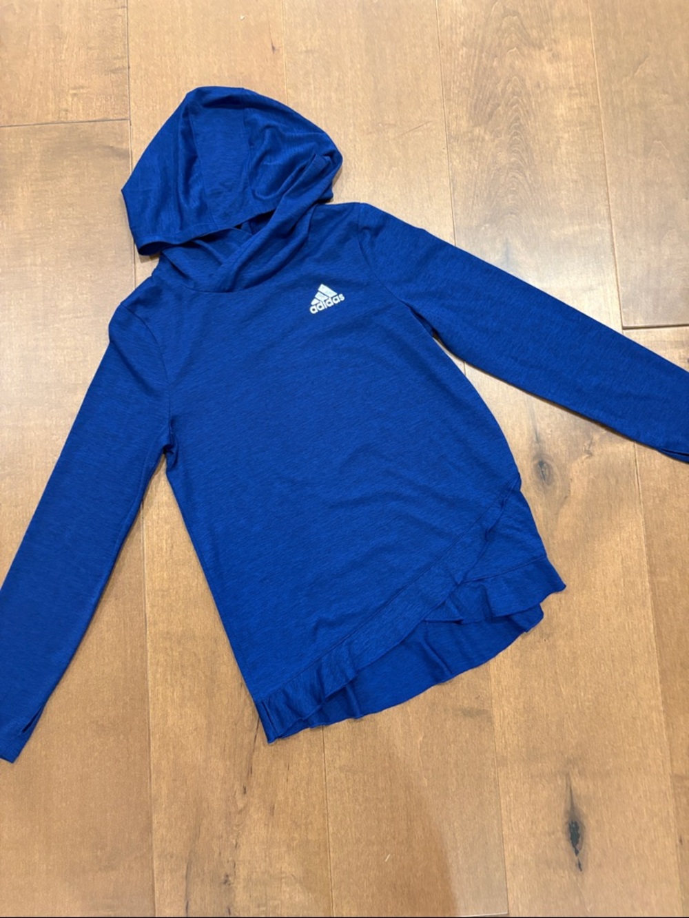 adidas Royal Blue Girls' Hooded Long Sleeve Top with Ruffle Hem Detail